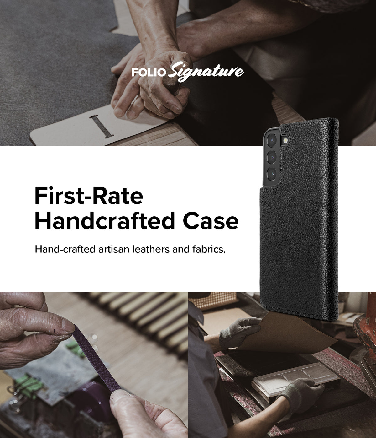 Galaxy S22 Case | Folio Signature Standard - Black textured leather folio phone case shown with artisan crafting scenes.