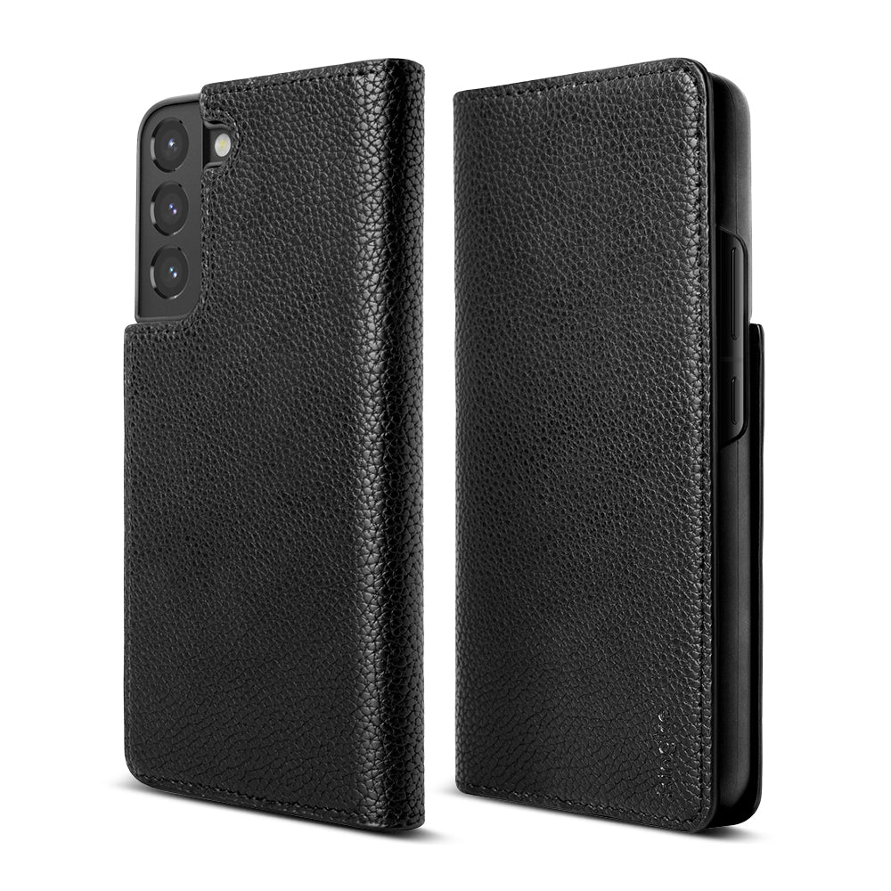 Galaxy S22 Case | Folio Signature Standard - Black textured leather folio case for Galaxy S22, shown front and back.