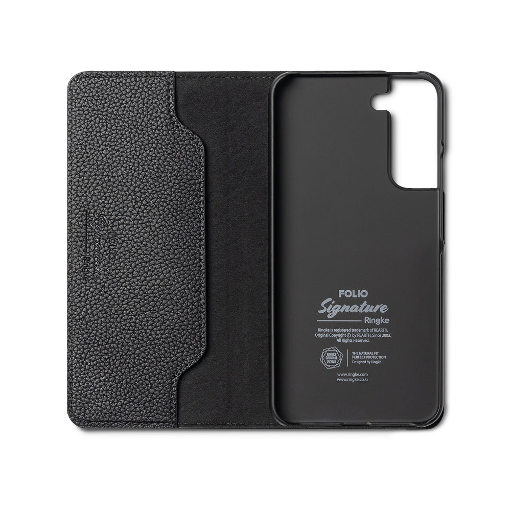 Galaxy S22 Case | Folio Signature Standard - Black textured leather folio case with an interior phone cradle.