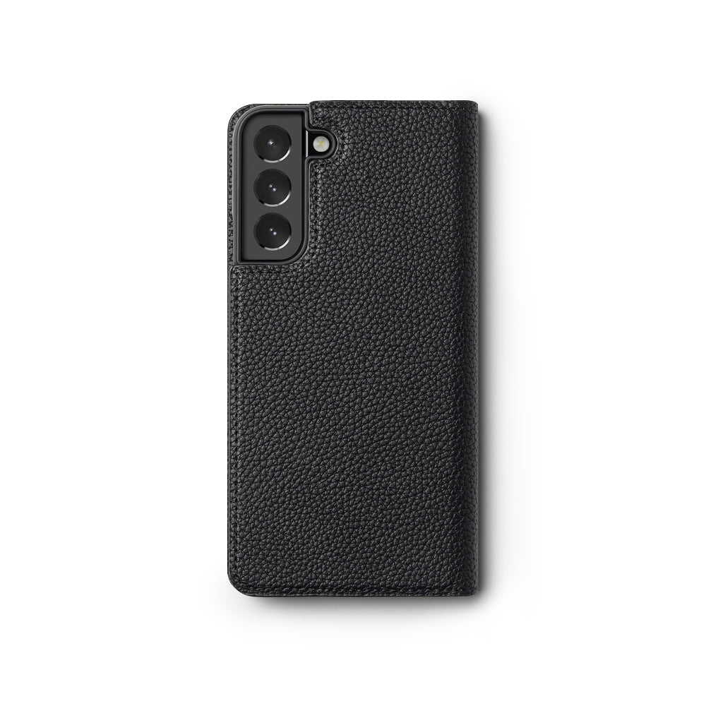 Galaxy S22 Case | Folio Signature Standard - Black textured leather folio case for Galaxy S22 with triple camera cutout.
