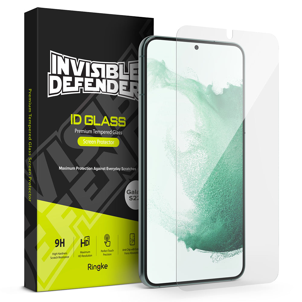 Galaxy S22 Plus Screen Protector | Invisible Defender Glass [2P] - Galaxy S22 Plus Screen Protector - Invisible Defender glass screen protector next to its black and yellow retail box.