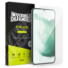 Galaxy S22 Plus Screen Protector | Invisible Defender Glass [2P] - Galaxy S22 Plus Screen Protector - Invisible Defender glass screen protector next to its black and yellow retail box.