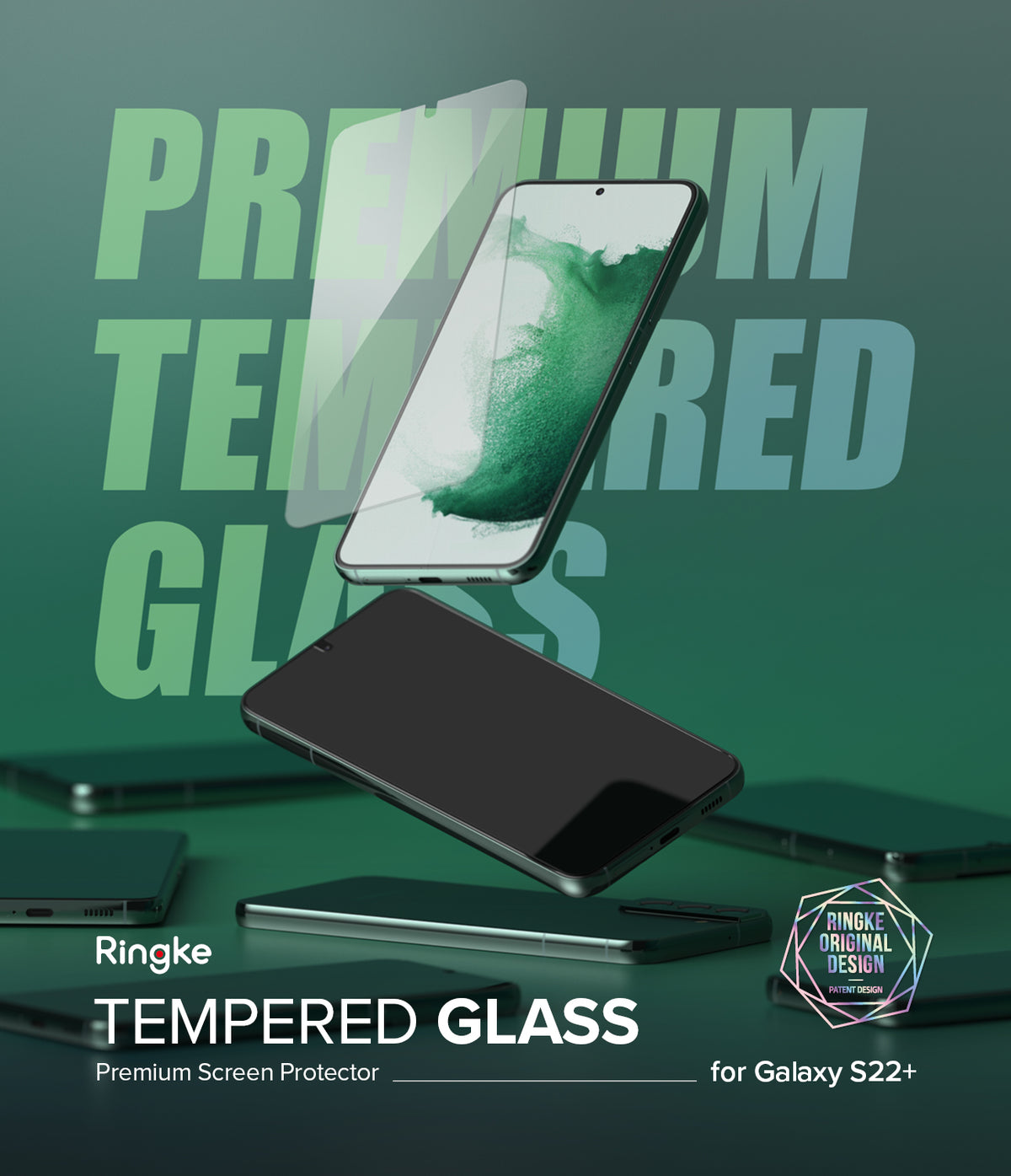 Galaxy S22 Plus Screen Protector | Invisible Defender Glass [2P] - Galaxy S22 Plus Screen Protector - Tempered glass sheet floating above a Galaxy S22 Plus phone on a green background.
