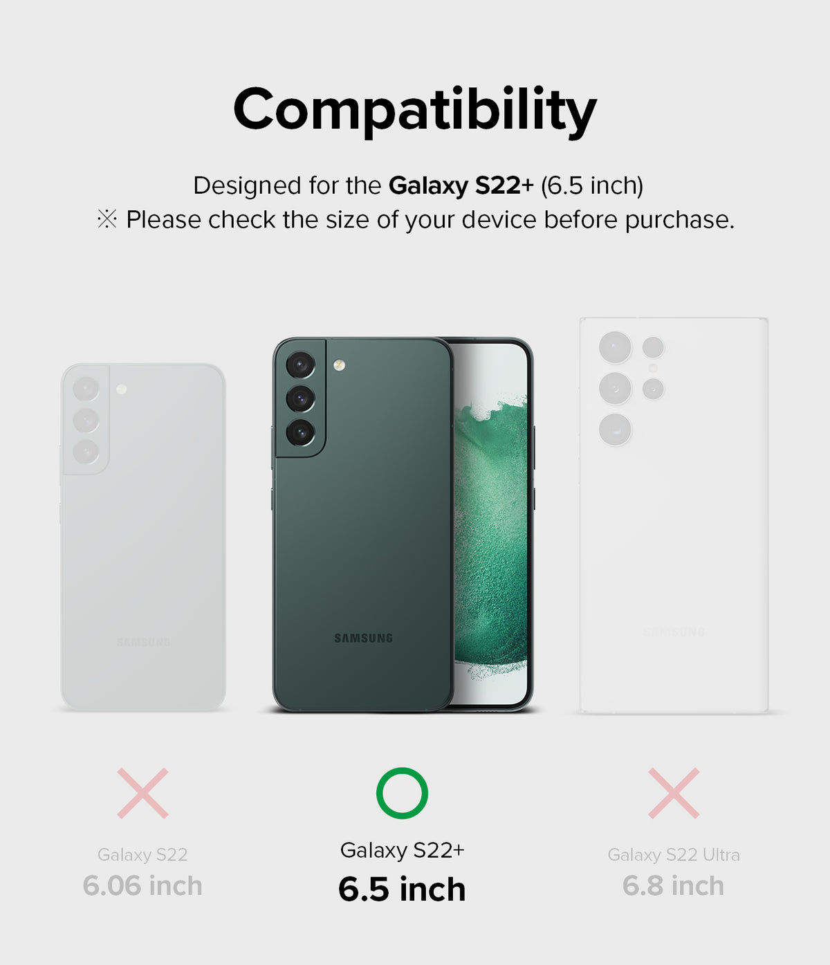Galaxy S22 Plus Screen Protector | Invisible Defender Glass [2P] - Galaxy S22 Plus Screen Protector - Compatibility chart showing Galaxy S22+ (6.5 inch) as the correct fit versus S22 and Ultra.