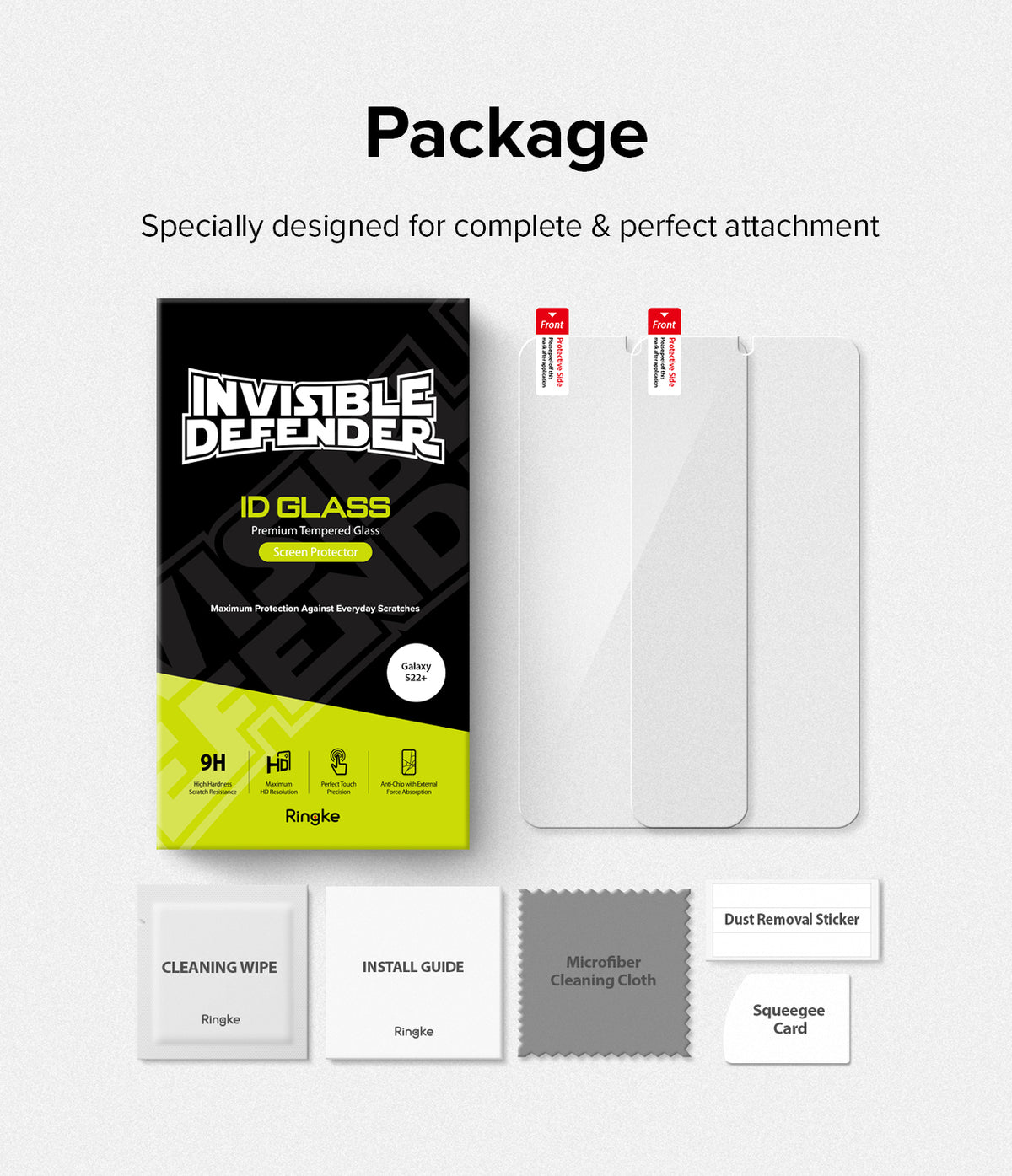 Galaxy S22 Plus Screen Protector | Invisible Defender Glass [2P] - Galaxy S22 Plus Screen Protector - Two tempered glass protectors, cleaning wipes, install guide, cloth, and squeegee.