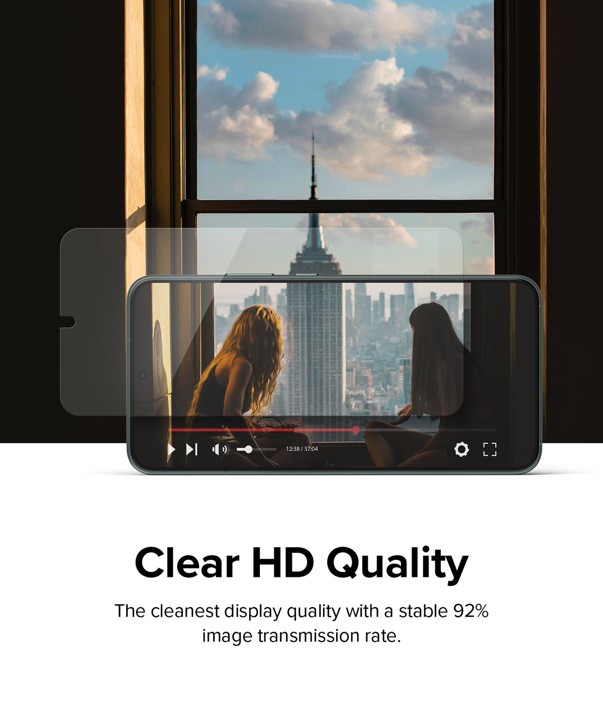 Galaxy S22 Plus Screen Protector | Invisible Defender Glass [2P] - Galaxy S22 Plus Screen Protector - Transparent glass protector hovering over a smartphone displaying a clear city view.