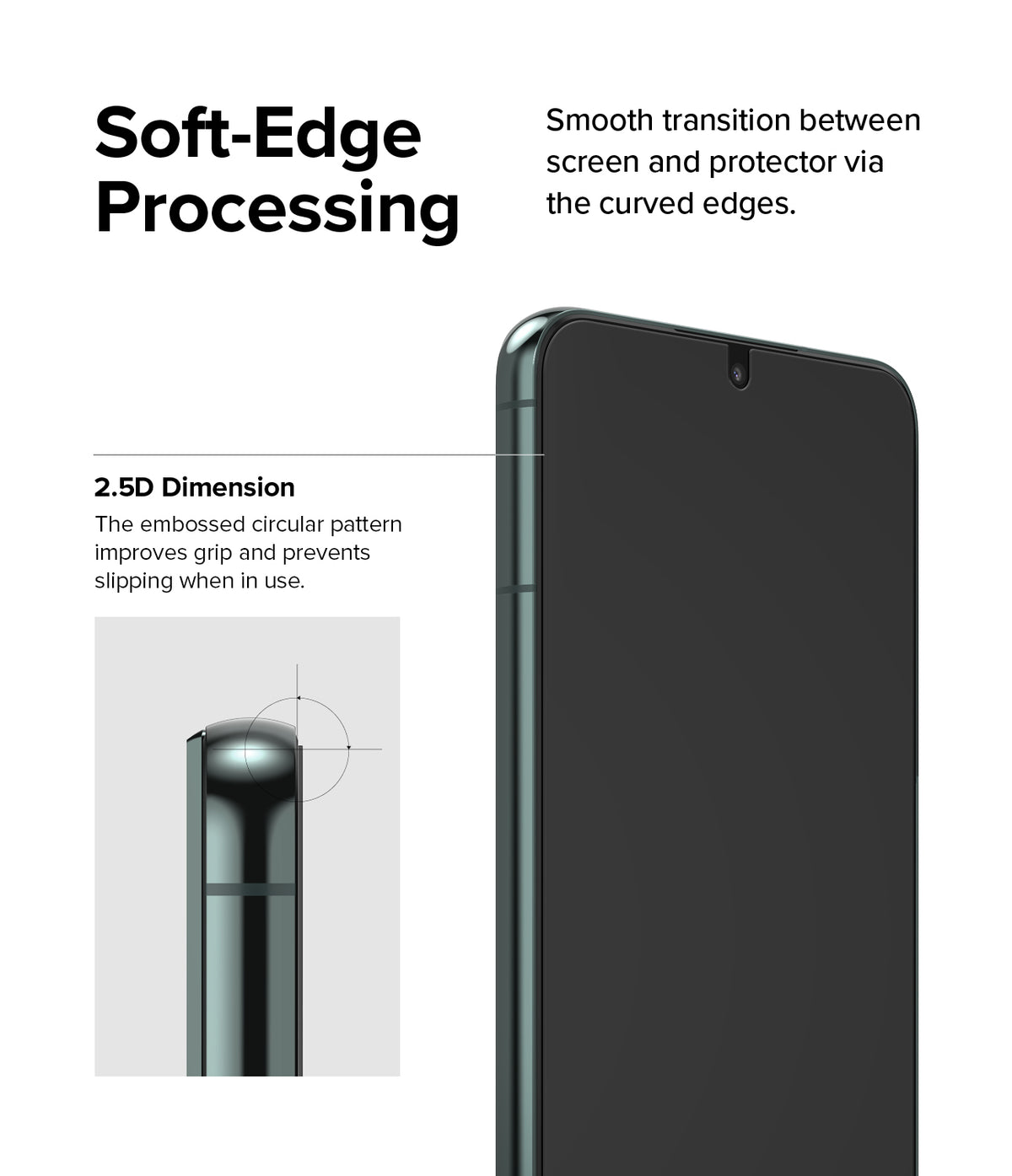 Galaxy S22 Plus Screen Protector | Invisible Defender Glass [2P] - Galaxy S22 Plus Screen Protector - Diagram showing 2.5D curved edges and smooth transition of a phone screen protector.