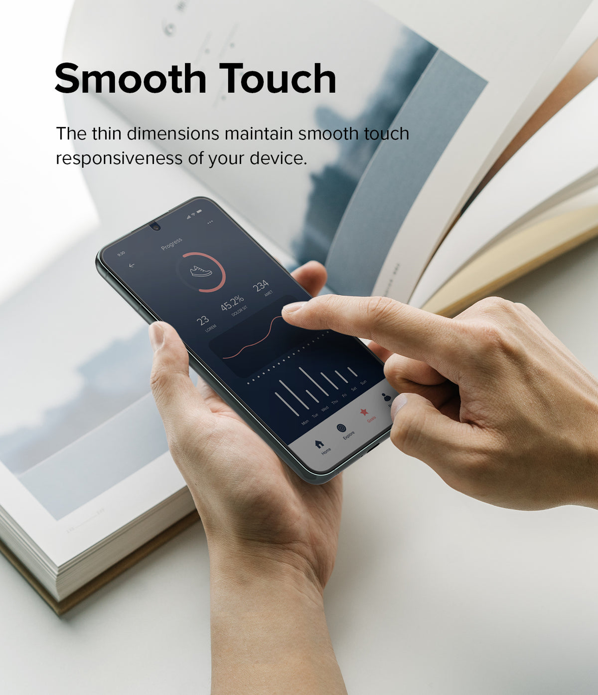 Galaxy S22 Plus Screen Protector | Invisible Defender Glass [2P] - Galaxy S22 Plus Screen Protector - Hands touching a smartphone screen displaying a fitness app over an open book.