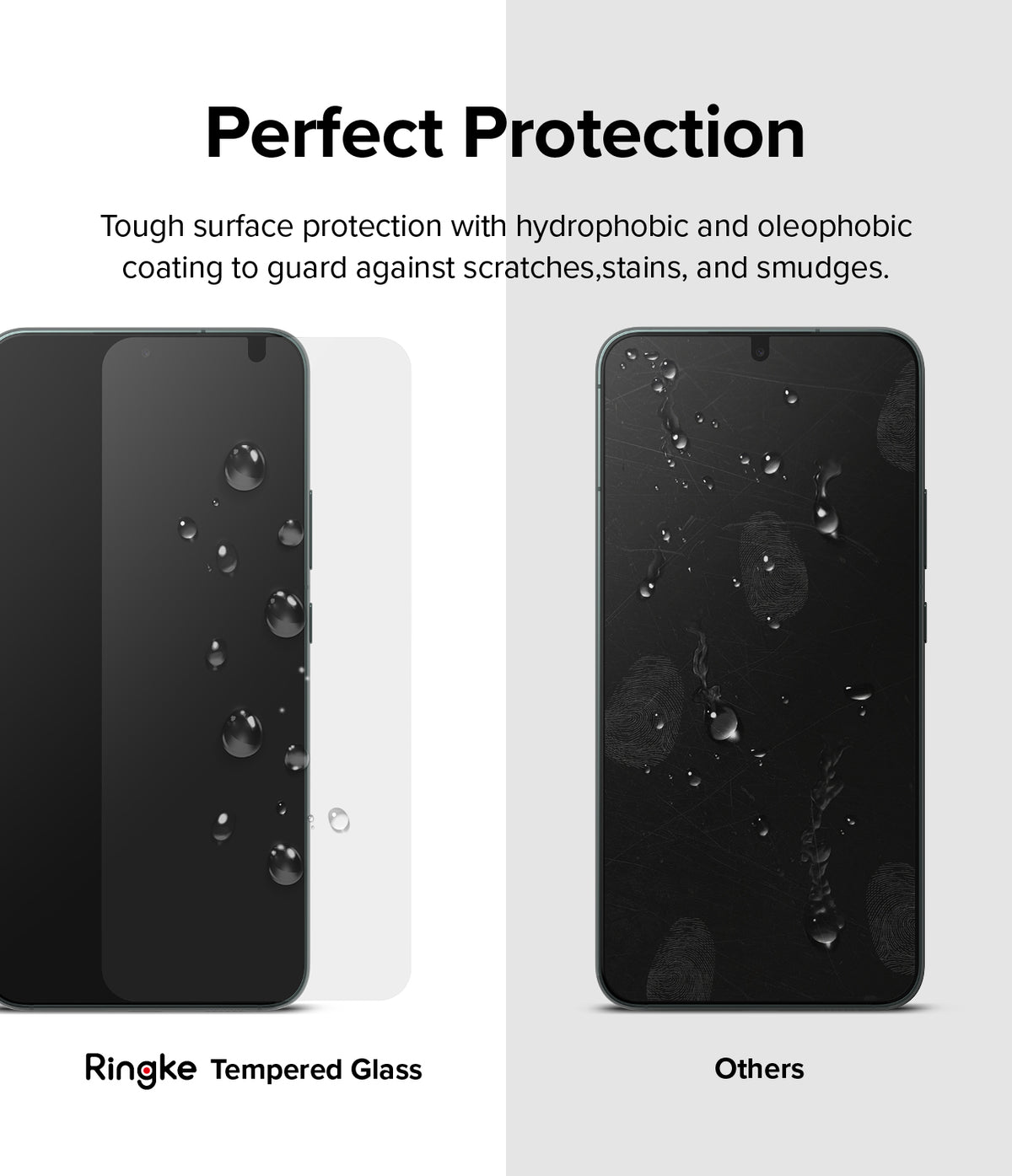 Galaxy S22 Plus Screen Protector | Invisible Defender Glass [2P] - Galaxy S22 Plus Screen Protector - Comparison showing water beading on Ringke glass versus smudges on standard glass.