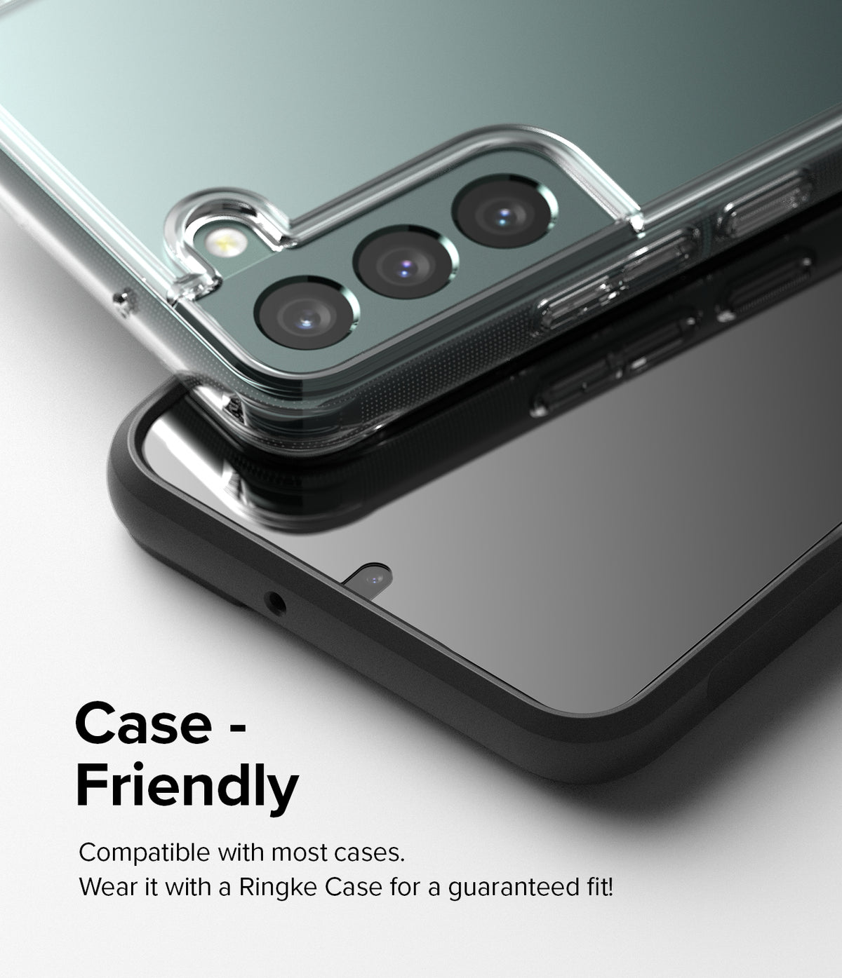 Galaxy S22 Plus Screen Protector | Invisible Defender Glass [2P] - Galaxy S22 Plus Screen Protector - Smartphone with a glass screen protector installed inside a protective case.