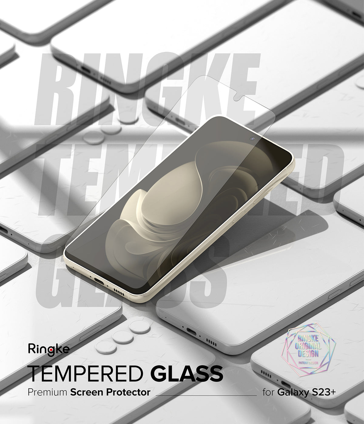 Galaxy S23 Plus Screen Protector | Full Cover Glass - Galaxy S23 Plus Screen Protector - Tempered glass film hovering over a Galaxy S23 Plus smartphone on a grid of phones.
