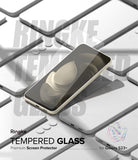 Galaxy S23 Plus Screen Protector | Full Cover Glass - Galaxy S23 Plus Screen Protector - Tempered glass film hovering over a Galaxy S23 Plus smartphone on a grid of phones.