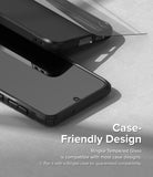 Galaxy S23 Plus Screen Protector | Full Cover Glass - Galaxy S23 Plus Screen Protector - Tempered glass being applied to a smartphone inside a black protective case.