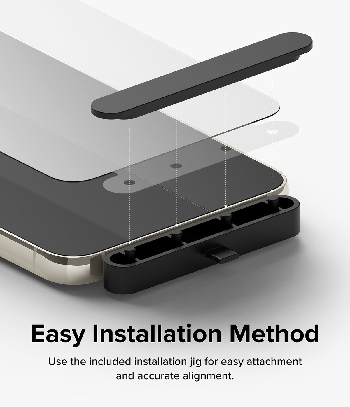 Galaxy S23 Plus Screen Protector | Full Cover Glass - Galaxy S23 Plus Screen Protector - Installation jig aligning a glass screen protector onto a smartphone screen.