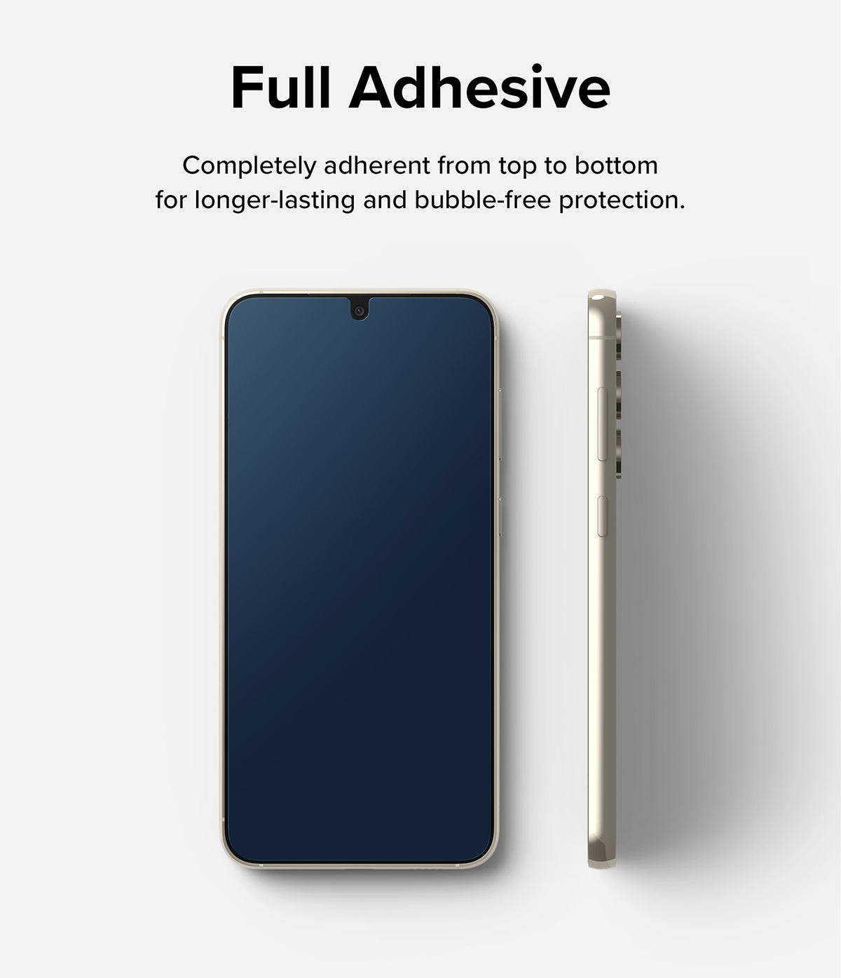Galaxy S23 Plus Screen Protector | Full Cover Glass - Galaxy S23 Plus Screen Protector - Front and side views of a smartphone with a full-coverage adhesive screen protector.
