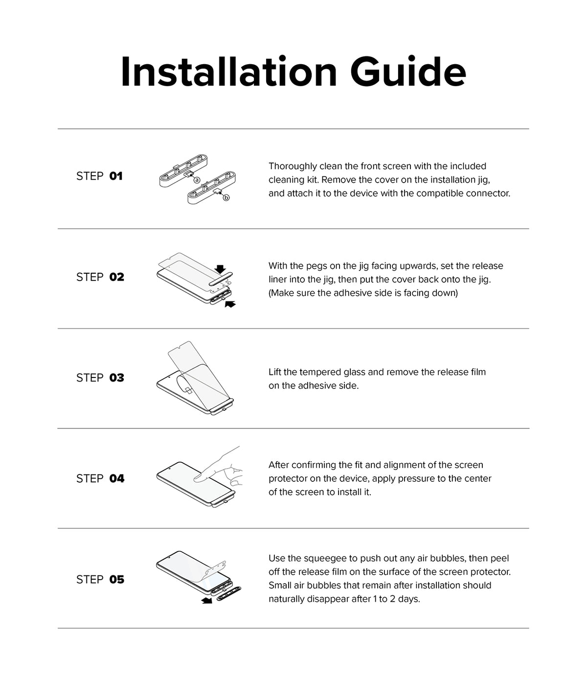 Galaxy S23 Plus Screen Protector | Full Cover Glass - Five-step illustrated guide for installing a screen protector.