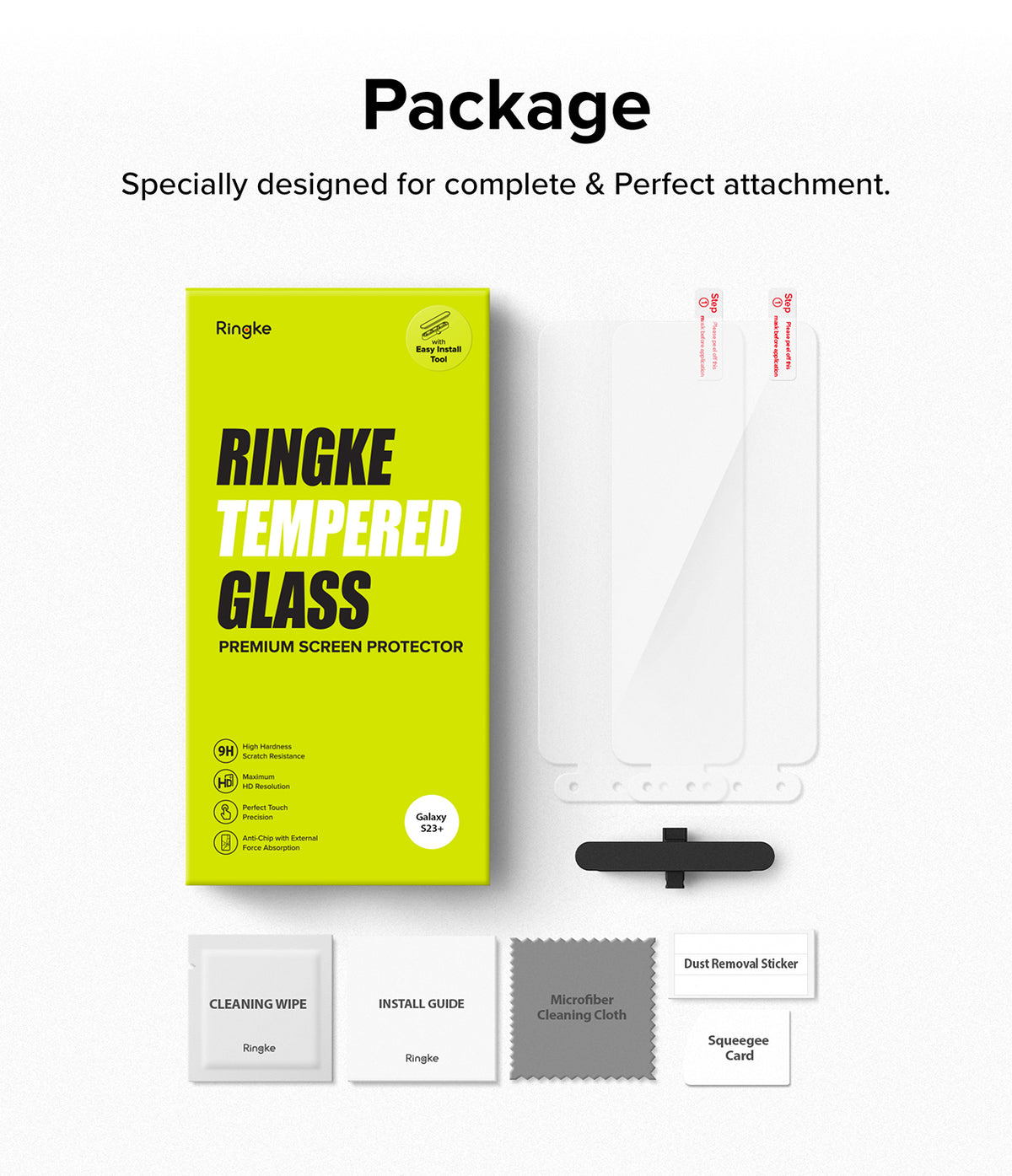 Galaxy S23 Plus Screen Protector | Full Cover Glass - Ringke tempered glass box, two screen protectors, and kit.