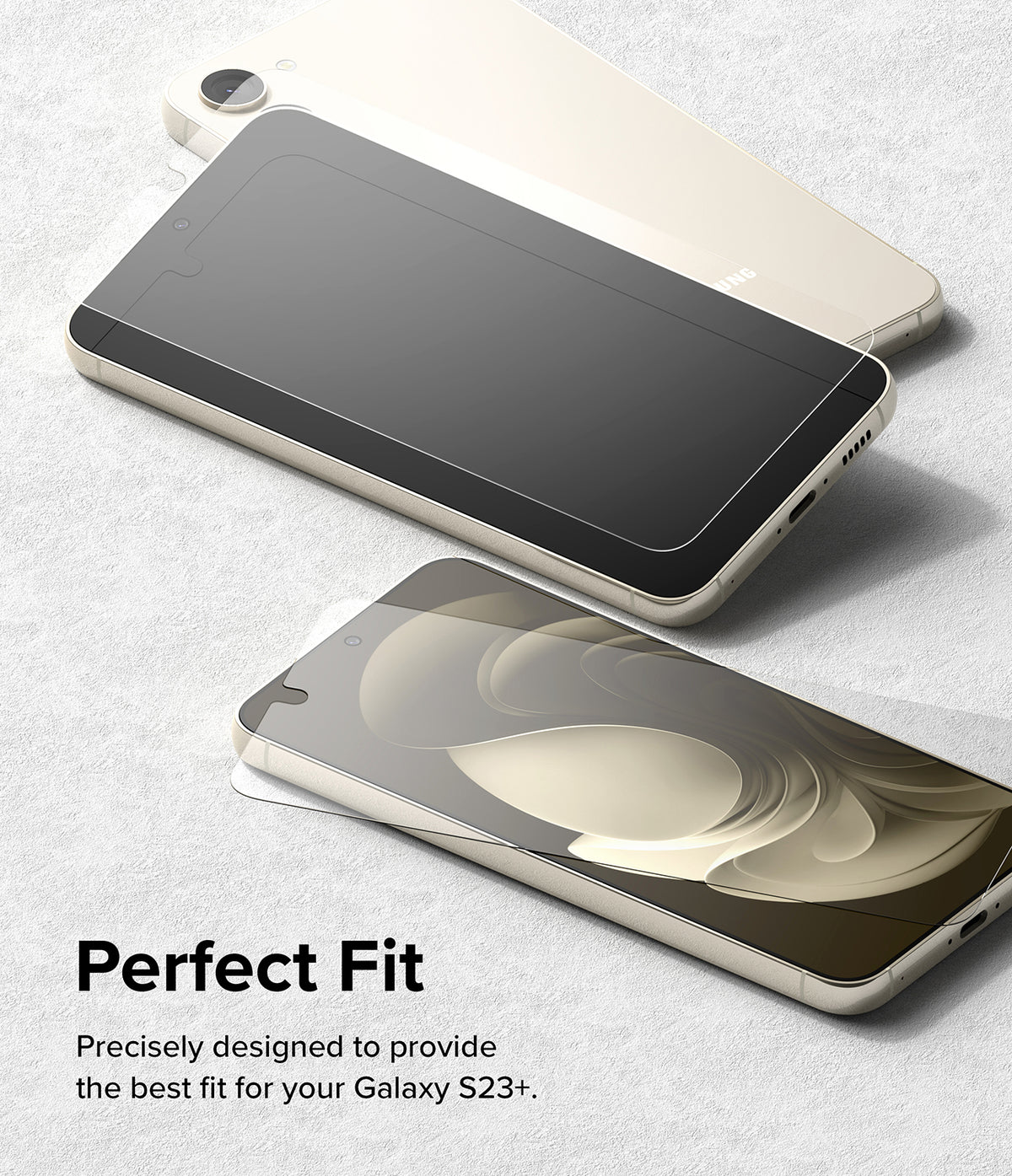Galaxy S23 Plus Screen Protector | Full Cover Glass - Galaxy S23 Plus Screen Protector - Two Galaxy S23+ phones with a clear glass screen protector being applied to the display.