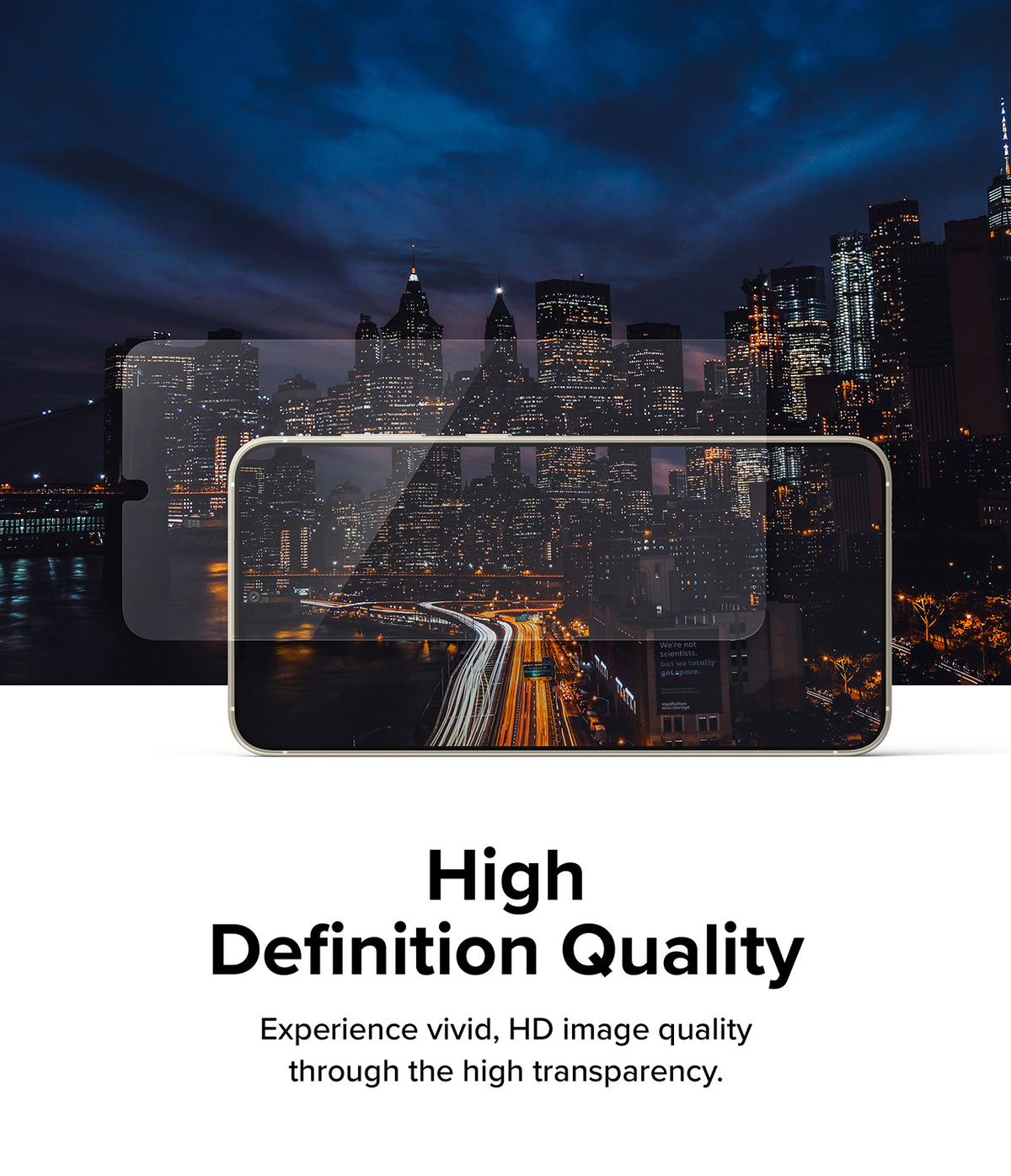 Galaxy S23 Plus Screen Protector | Full Cover Glass - Galaxy S23 Plus Screen Protector - Transparent glass protector hovering over a smartphone displaying a night city skyline.