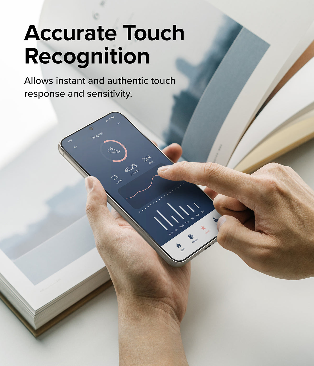 Galaxy S23 Plus Screen Protector | Full Cover Glass - Galaxy S23 Plus Screen Protector - Hand touching a smartphone screen displaying a fitness app interface.