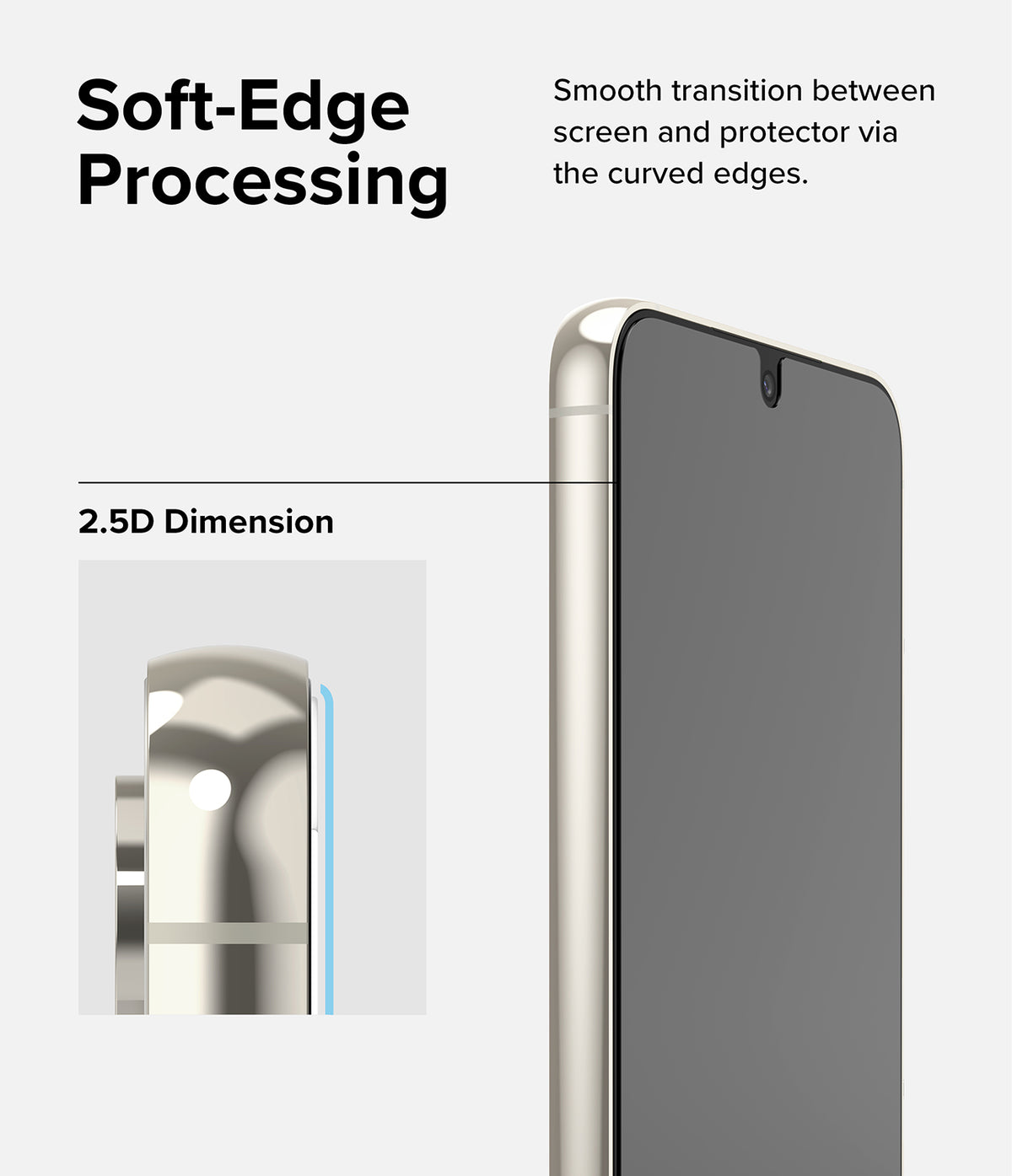 Galaxy S23 Plus Screen Protector | Full Cover Glass - Galaxy S23 Plus Screen Protector - Close-up of 2.5D curved glass edge on a smartphone for a seamless fit.