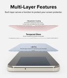 Galaxy S23 Plus Screen Protector | Full Cover Glass - Galaxy S23 Plus Screen Protector - Exploded view showing oleophobic coating, tempered glass, and AB film layers.