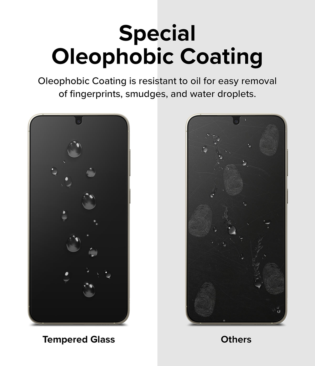 Galaxy S23 Plus Screen Protector | Full Cover Glass - Galaxy S23 Plus Screen Protector - Comparison of clean tempered glass with water beads versus smudged standard glass.