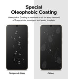 Galaxy S23 Plus Screen Protector | Full Cover Glass - Galaxy S23 Plus Screen Protector - Comparison of clean tempered glass with water beads versus smudged standard glass.