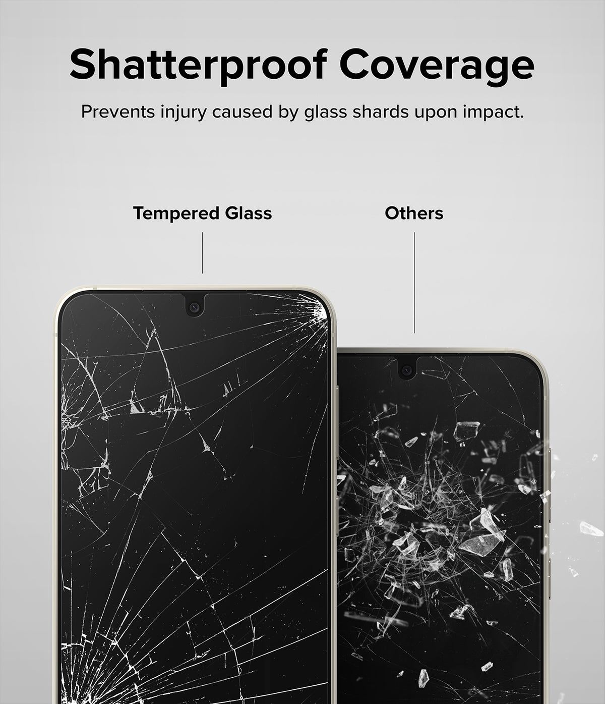 Galaxy S23 Plus Screen Protector | Full Cover Glass - Comparison showing tempered glass holding together versus shattered glass.