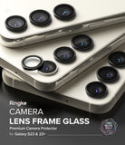Galaxy S23 / S23 Plus Camera Lens Protector | Camera Lens Frame Glass - Galaxy S23 / S23 Plus Camera Lens Protector - Black lens frame glass protectors applied to white smartphone cameras.