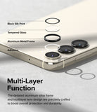 Galaxy S23 / S23 Plus Camera Lens Protector | Camera Lens Frame Glass - Galaxy S23 / S23 Plus Camera Lens Protector - Exploded view of lens protector layers above a smartphone camera.