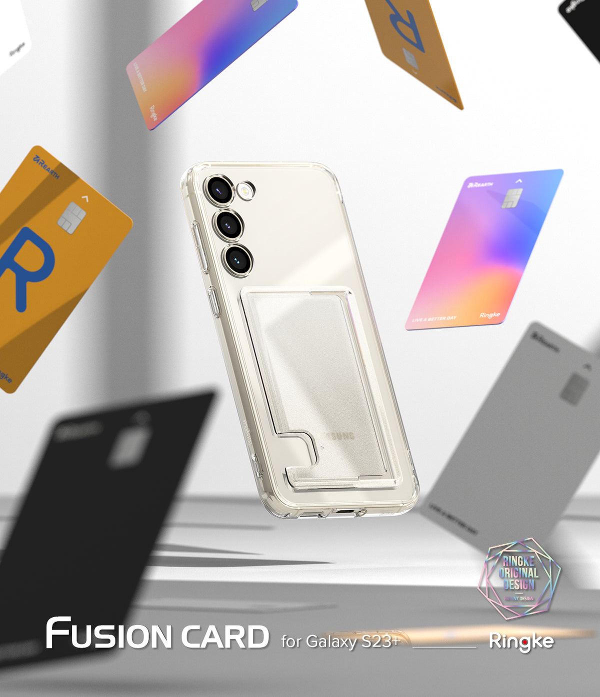 Galaxy S23 Plus Case | Fusion Card - Clear phone case with a card slot floating amidst various colorful credit cards.