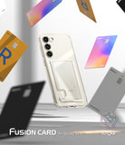 Galaxy S23 Plus Case | Fusion Card - Clear phone case with a card slot floating amidst various colorful credit cards.