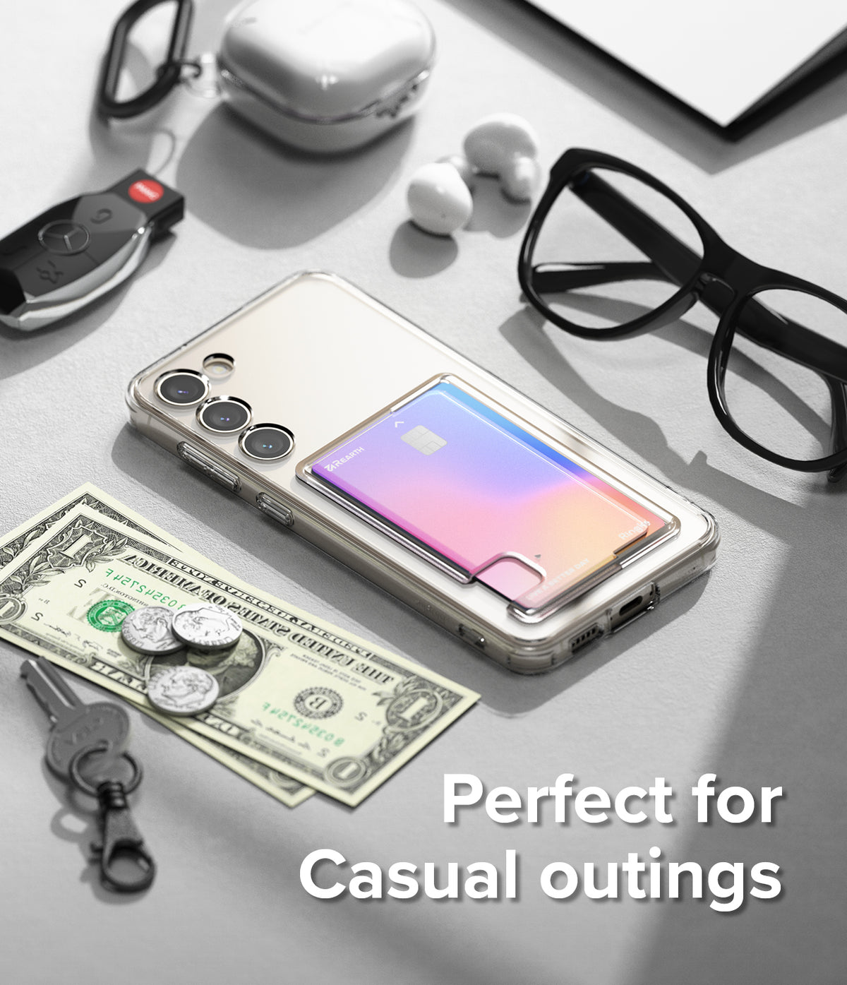Galaxy S23 Plus Case | Fusion Card - Clear phone case with a gradient card holder, surrounded by keys, cash, and glasses.