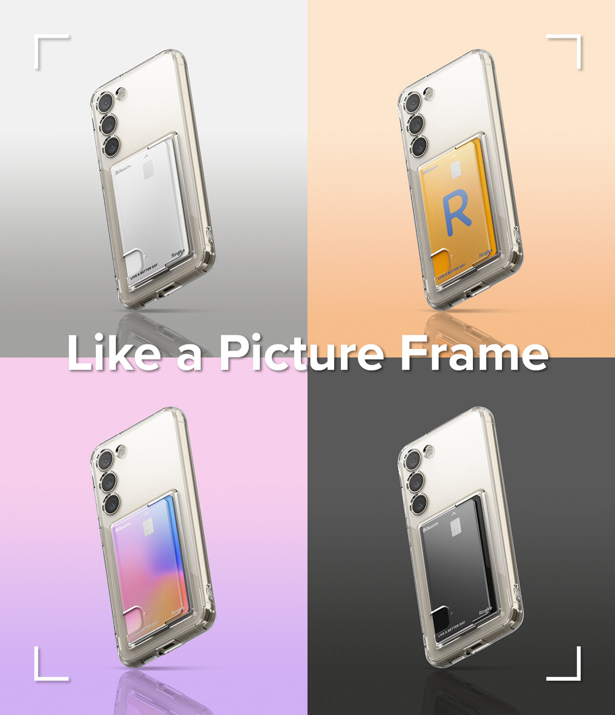 Galaxy S23 Plus Case | Fusion Card - Four Galaxy S23 Plus phones in clear cases with different colored cards inserted.
