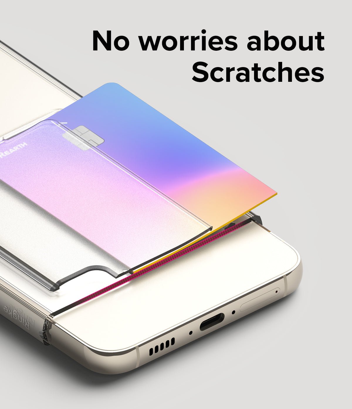 Galaxy S23 Plus Case | Fusion Card - A credit card sliding into a clear phone case slot with text No worries about Scratches.