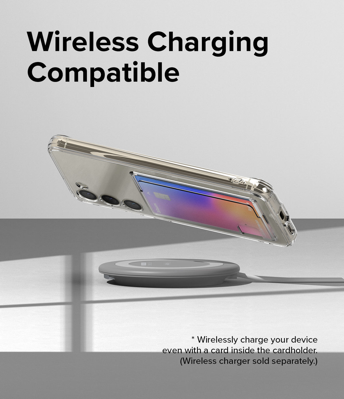 Galaxy S23 Plus Case | Fusion Card - Clear phone case with card holder hovering above a wireless charging pad.