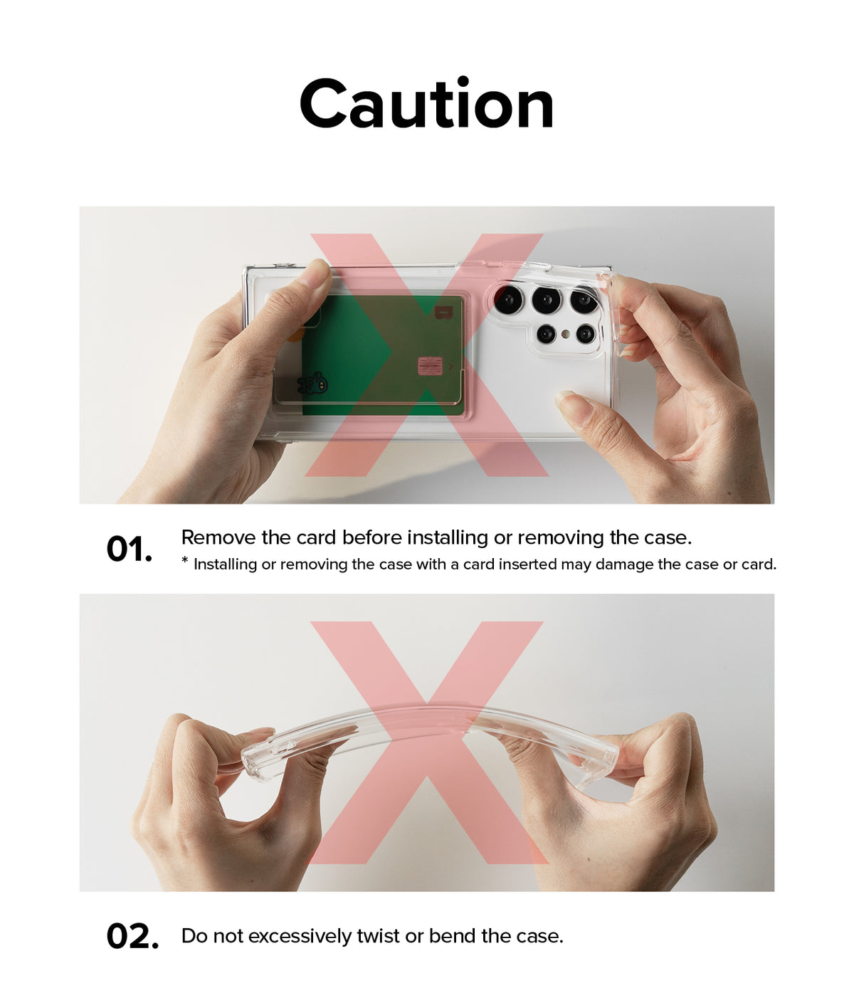 Galaxy S23 Plus Case | Fusion Card - Caution graphic showing hands holding a phone with a card and bending the case.