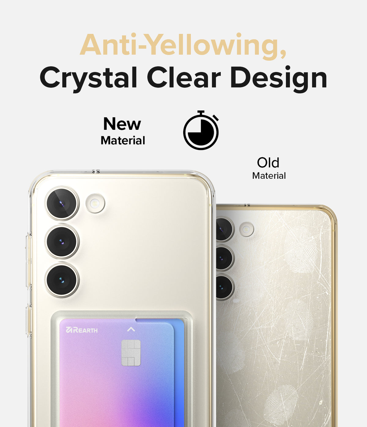 Galaxy S23 Plus Case | Fusion Card - Comparison of a clear, anti-yellowing phone case versus a scratched, yellowed case.