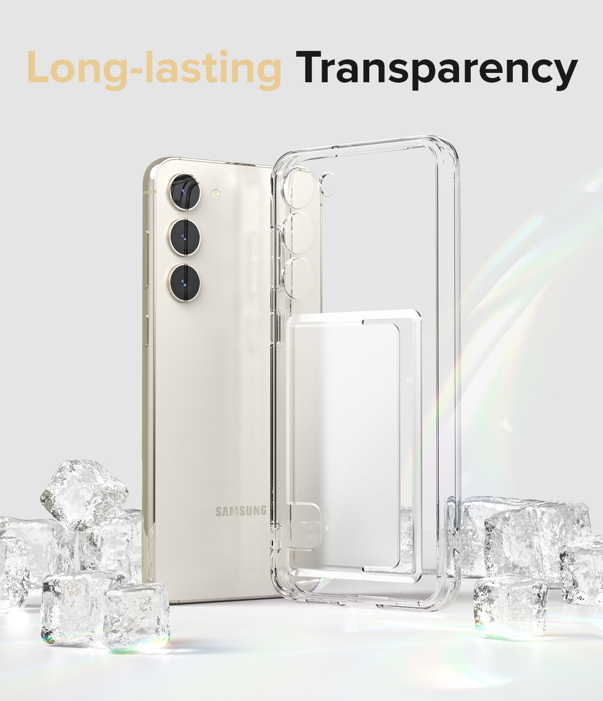 Galaxy S23 Plus Case | Fusion Card - Clear phone case with card slot next to a Samsung phone surrounded by ice cubes.