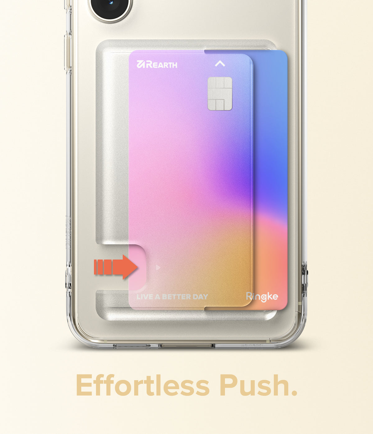 Galaxy S23 Plus Case | Fusion Card - Clear phone case with a gradient card slot and a red arrow indicating a push motion.