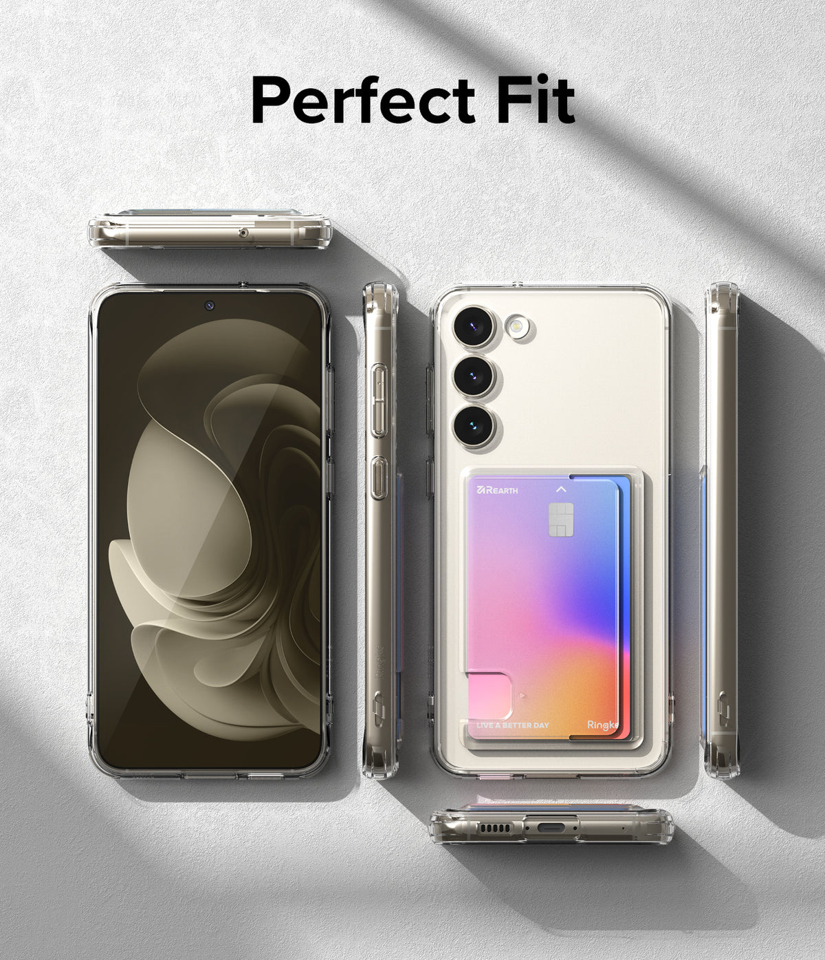 Galaxy S23 Plus Case | Fusion Card - Clear phone case with card holder showing front, back, and side views.