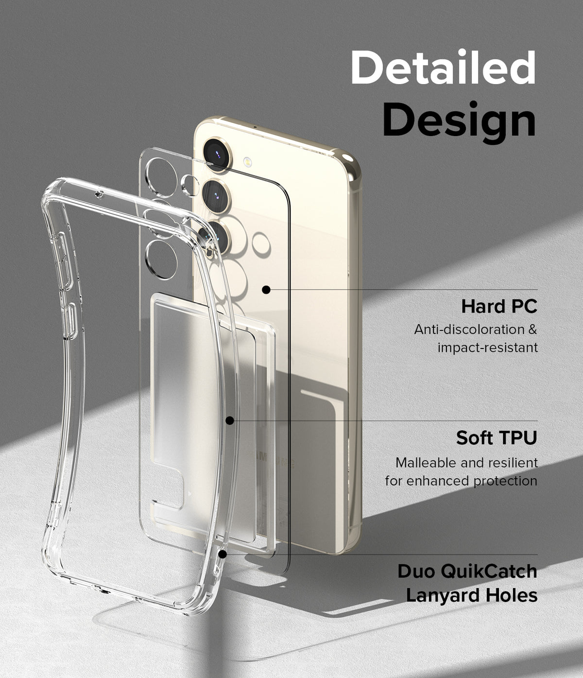 Galaxy S23 Plus Case | Fusion Card - Exploded view of a clear phone case highlighting hard PC, soft TPU, and lanyard holes.