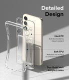 Galaxy S23 Plus Case | Fusion Card - Exploded view of a clear phone case highlighting hard PC, soft TPU, and lanyard holes.