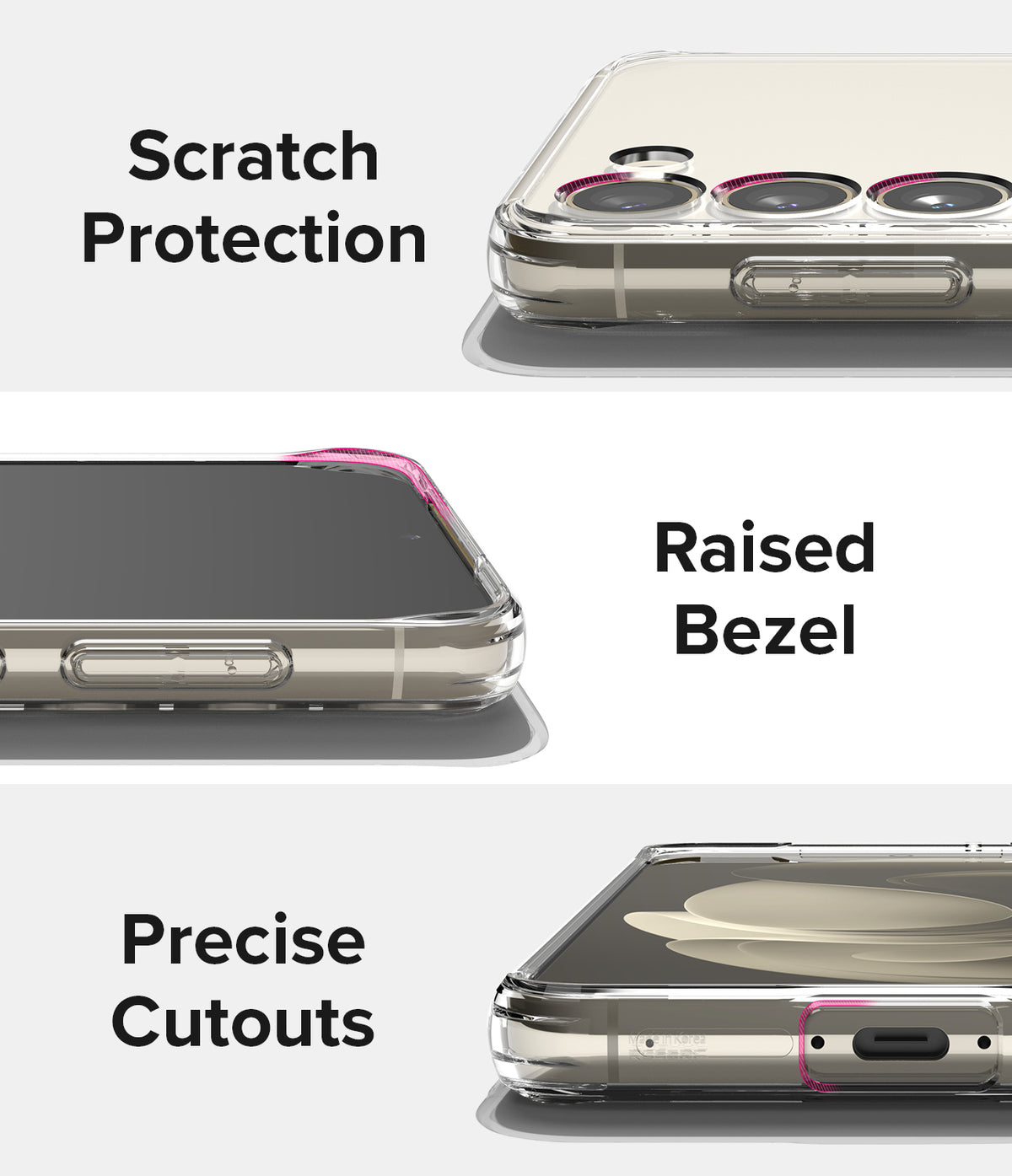 Galaxy S23 Plus Case | Fusion Card - Close-ups of phone case features: scratch protection, raised bezels, and precise port cutouts.