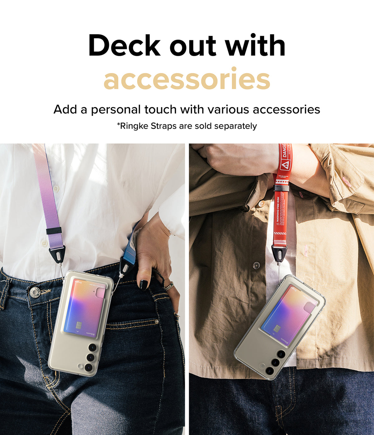Galaxy S23 Plus Case | Fusion Card - Two people wearing phones with card holder cases on colorful neck straps.
