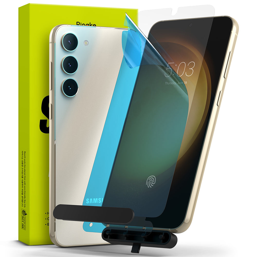 Galaxy S23 Plus Screen Protector | Silk Shield Film [2 Pack] - A phone with a screen protector being applied via a tool.
