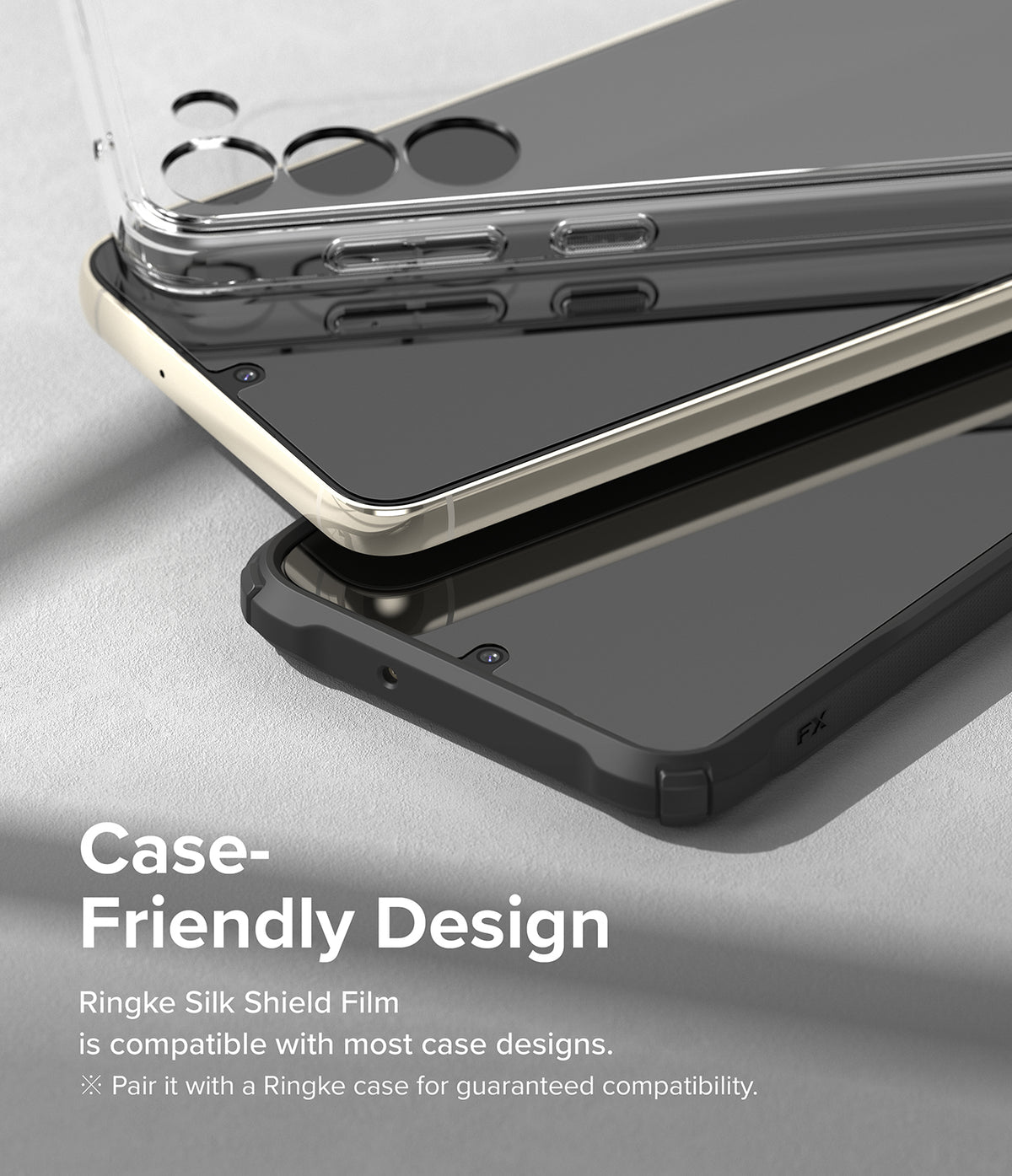 Galaxy S23 Plus Screen Protector | Silk Shield Film [2 Pack] - Two smartphones with screen protectors inside cases.