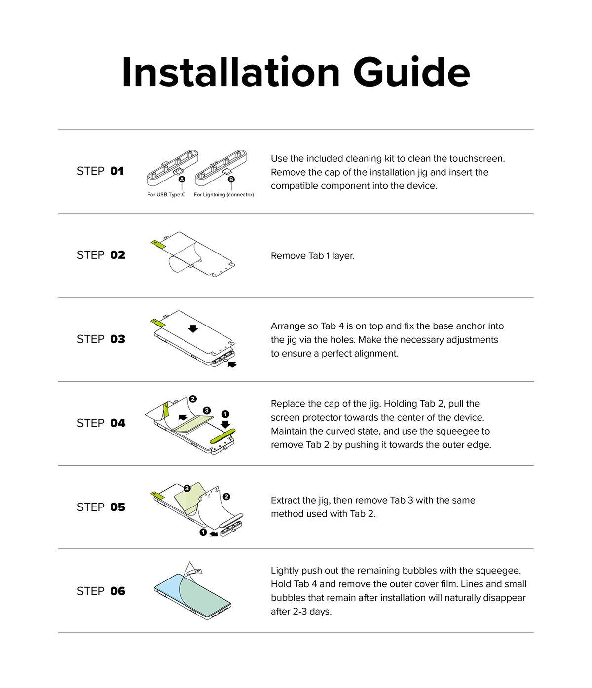 Galaxy S23 Plus Screen Protector | Silk Shield Film [2 Pack] - Galaxy S23 Plus Screen Protector - Six-step illustrated installation guide for applying a screen protector using a jig.