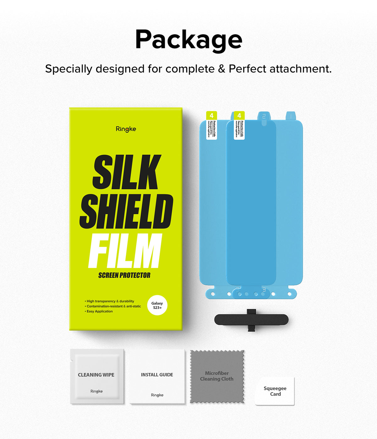Galaxy S23 Plus Screen Protector | Silk Shield Film [2 Pack] - Box, two screen films, squeegee, and installation kit.